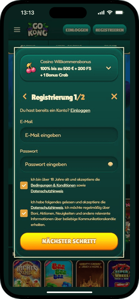 GoKong Registrieren Schritt 2